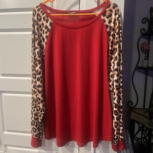 SHEIN Curve Red Long Sleeve Top with Leopard Print Sleeves,